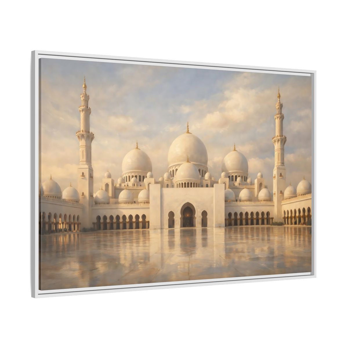 Side Mockup 7. Religious Grand Mosque White And Gold shown as stretched canvas wall art