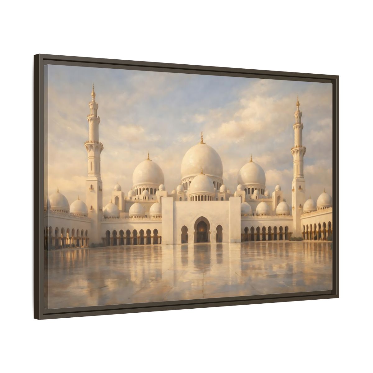 Side Mockup 9. Religious Grand Mosque White And Gold shown as stretched canvas wall art