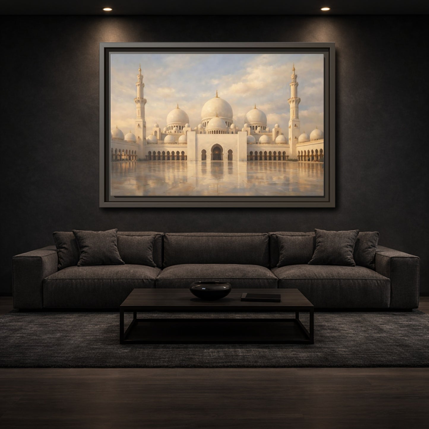 Mockup 2. Religious Grand Mosque White And Gold shown as stretched canvas wall art