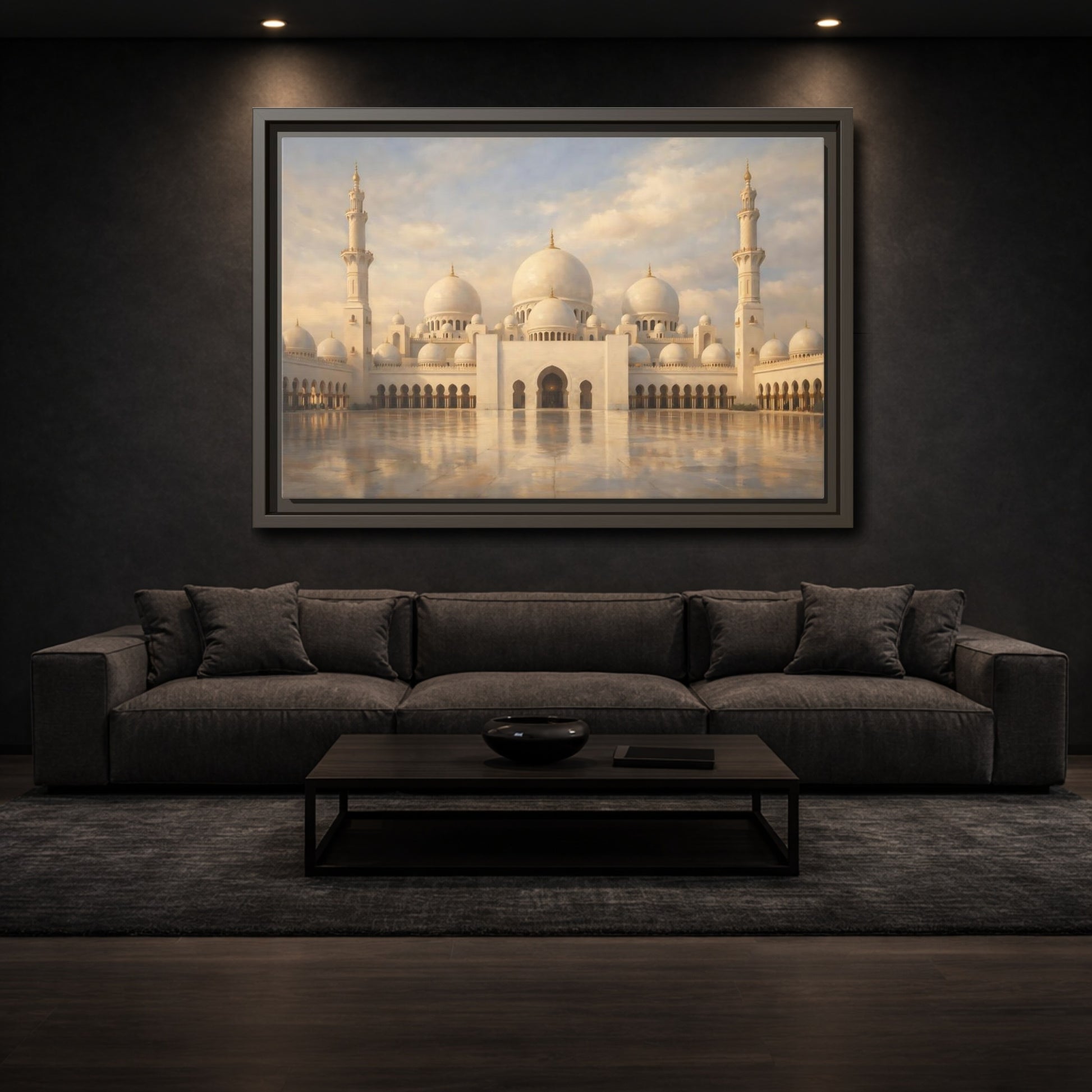 Mockup 2. Religious Grand Mosque White And Gold shown as stretched canvas wall art