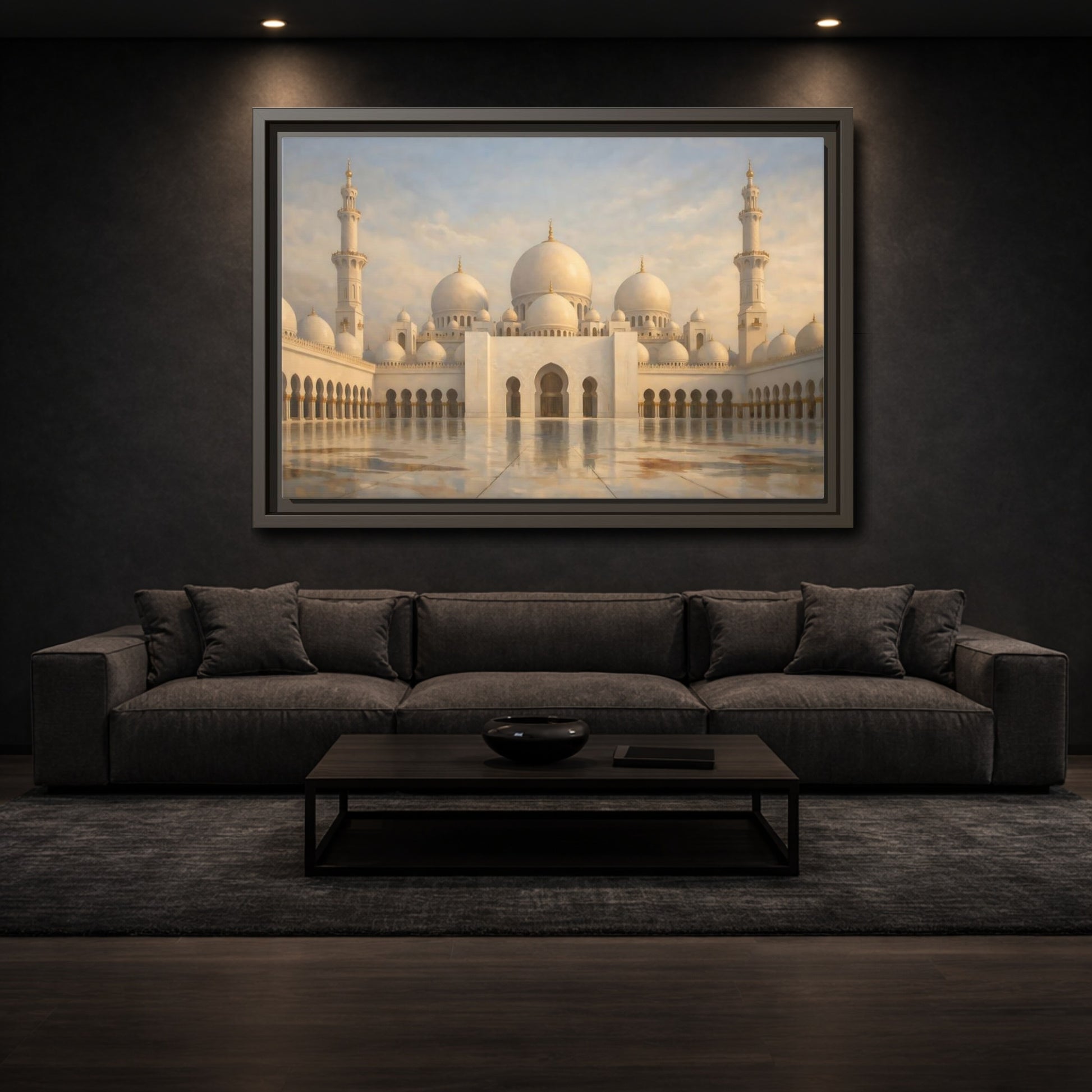 Mockup 2. Religious Grand Mosque White And Gold shown as stretched canvas wall art
