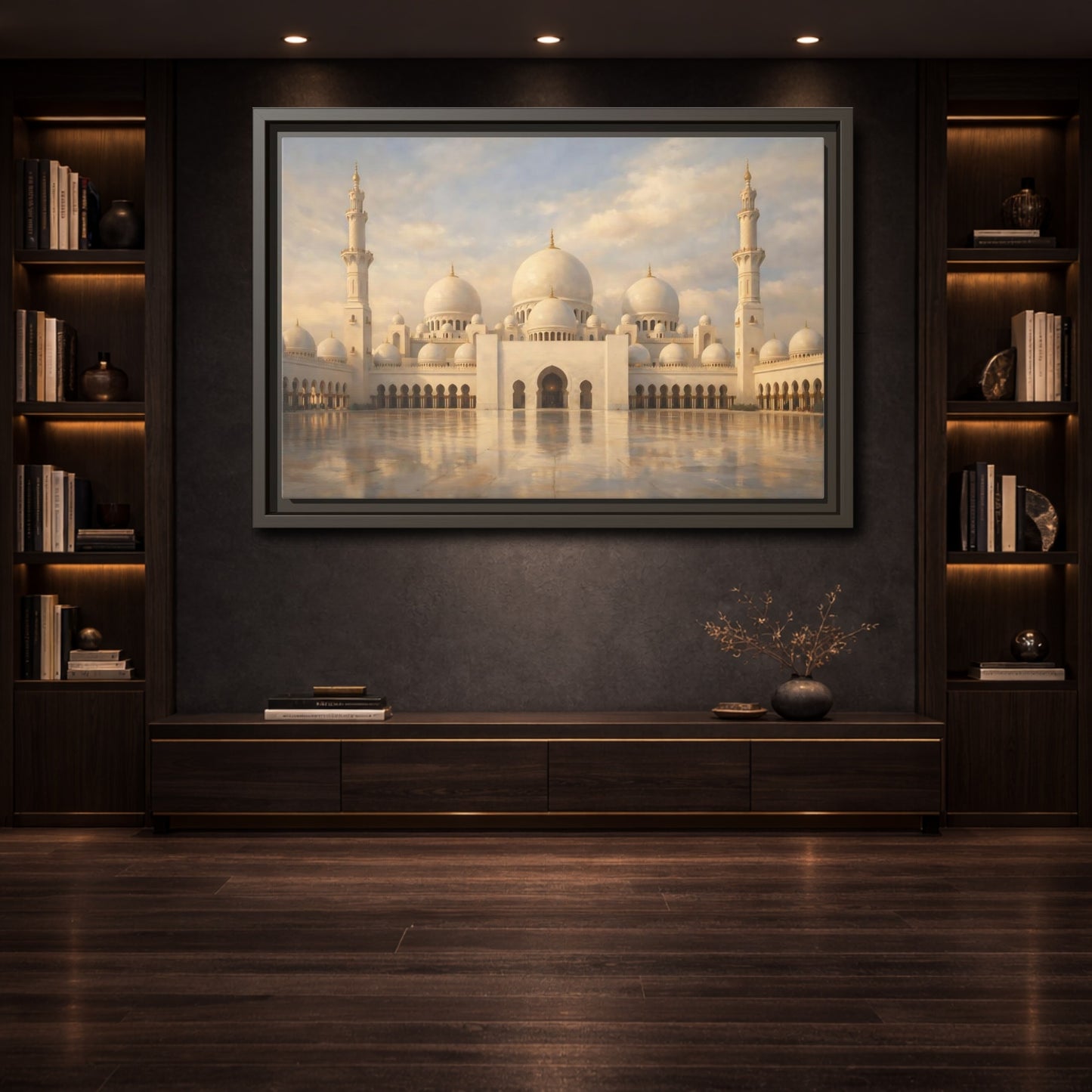 Mockup 3. Religious Grand Mosque White And Gold shown as stretched canvas wall art