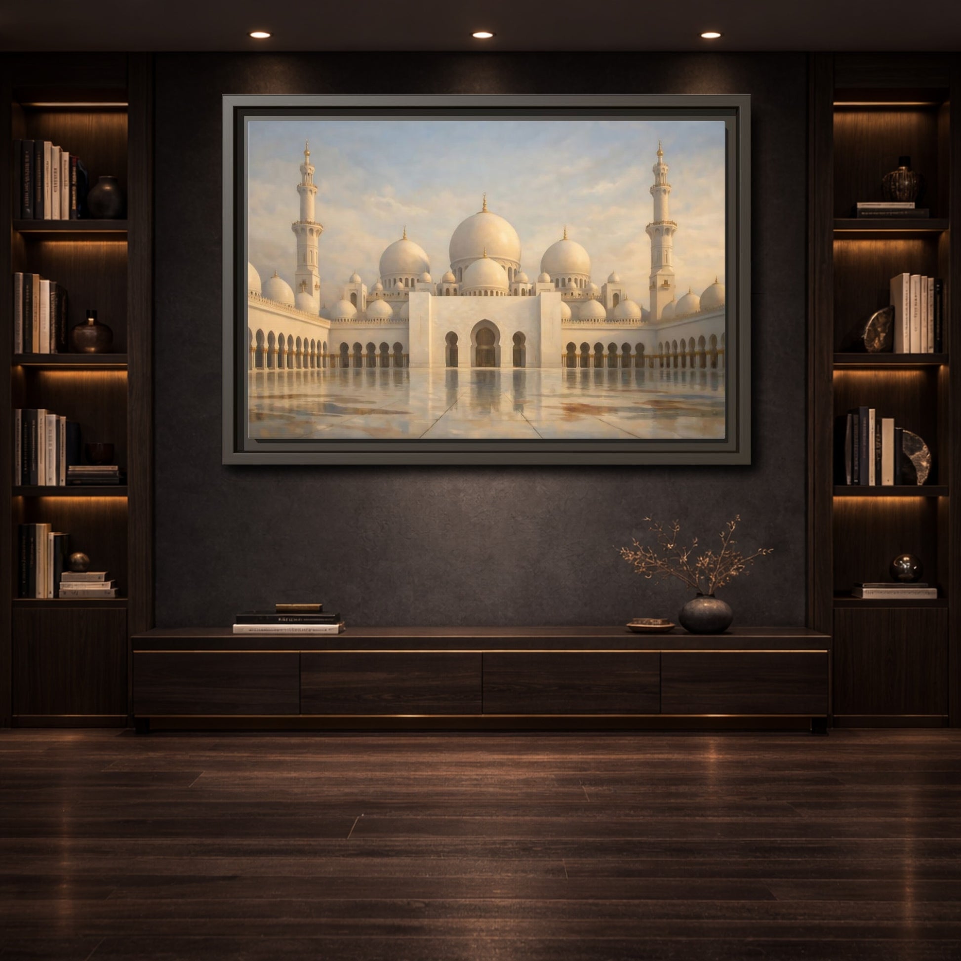 Mockup 3. Religious Grand Mosque White And Gold shown as stretched canvas wall art