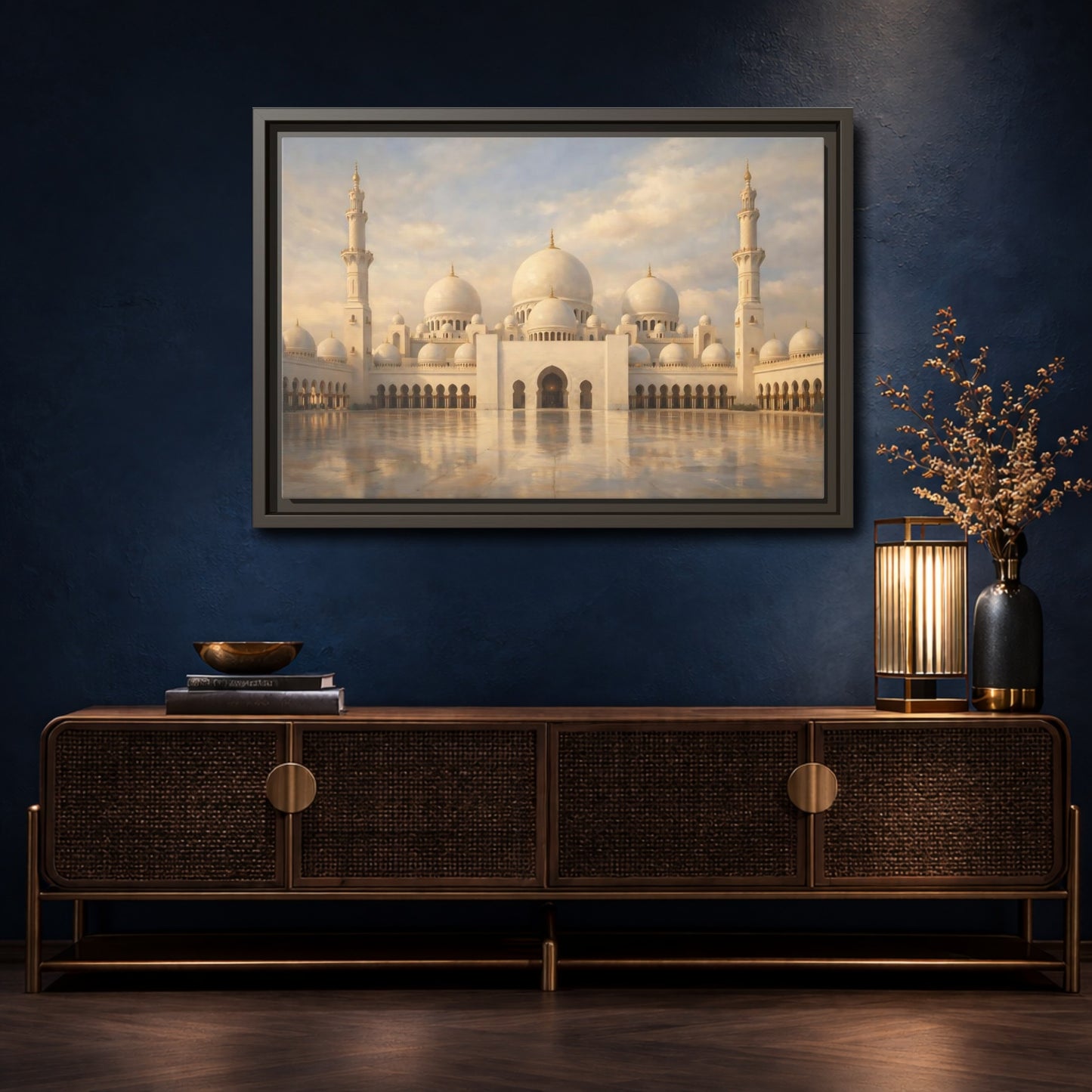 Mockup 4. Religious Grand Mosque White And Gold shown as stretched canvas wall art