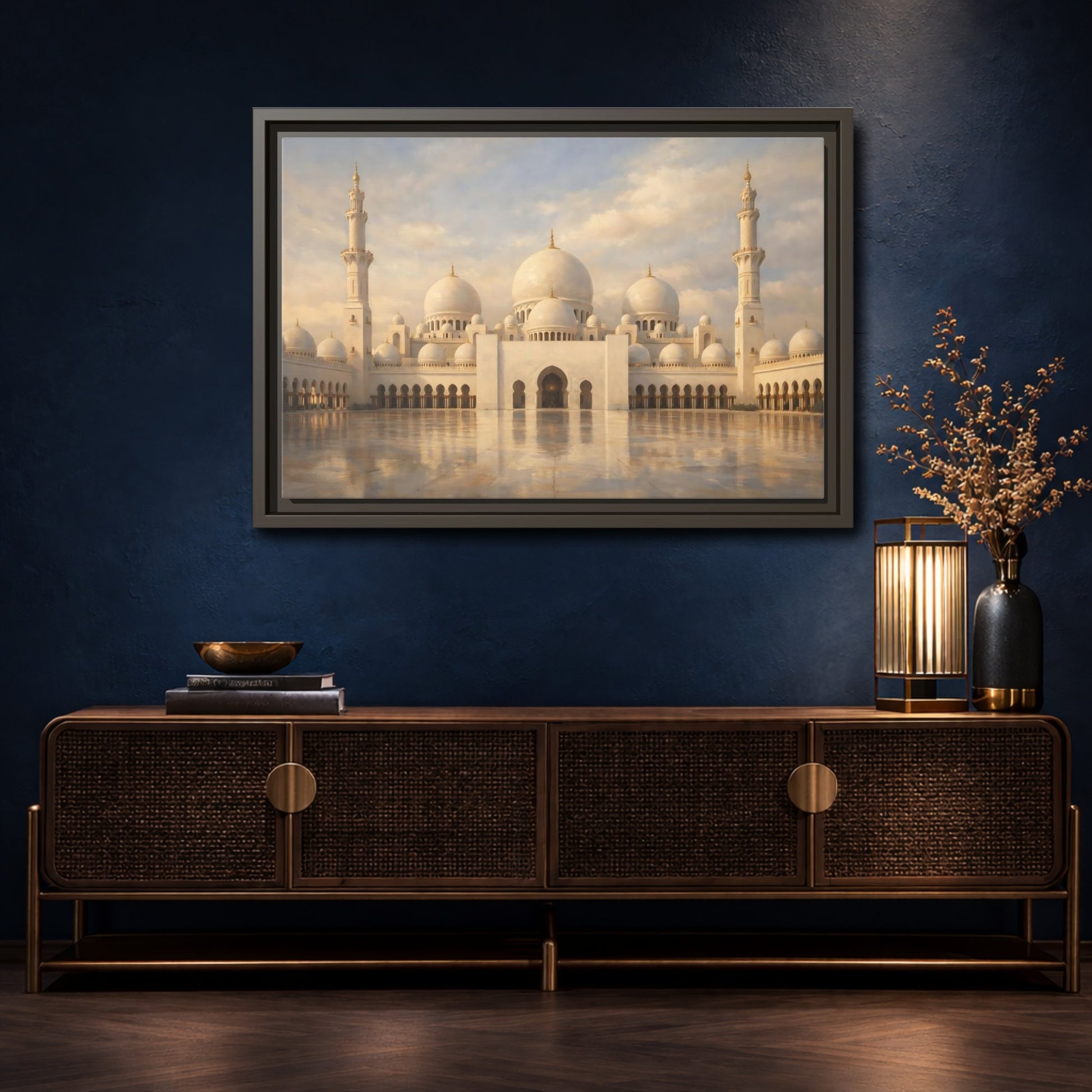 Mockup 4. Religious Grand Mosque White And Gold shown as stretched canvas wall art