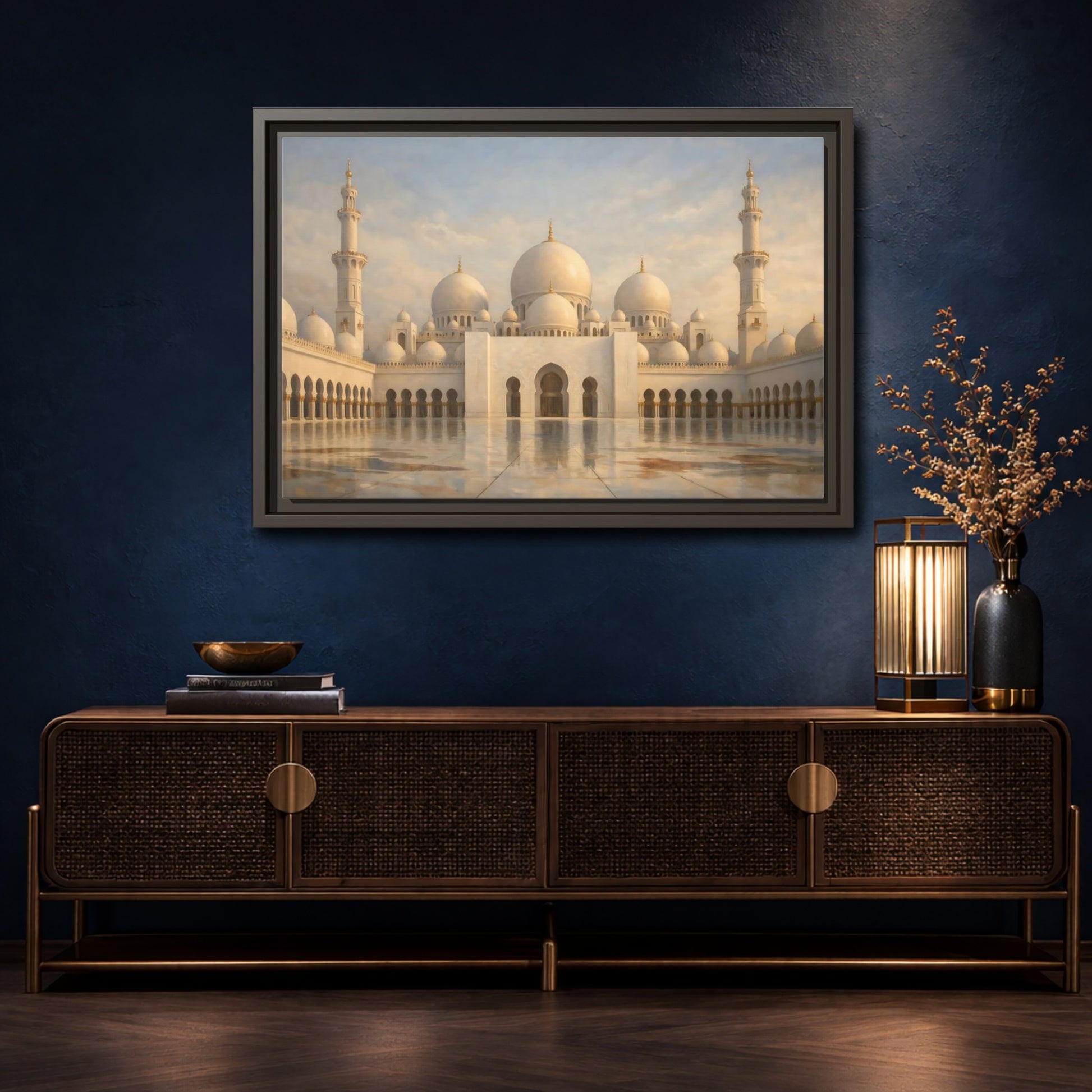Mockup 4. Religious Grand Mosque White And Gold shown as stretched canvas wall art