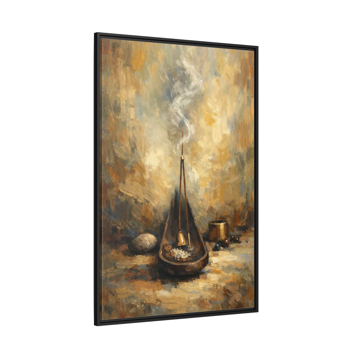 Main Mockup. Religious Incense Calm Gold shown as stretched canvas wall art