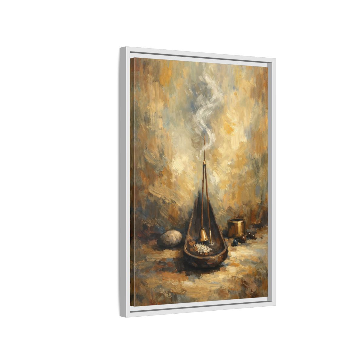 Side Mockup 1. Religious Incense Calm Gold shown as stretched canvas wall art