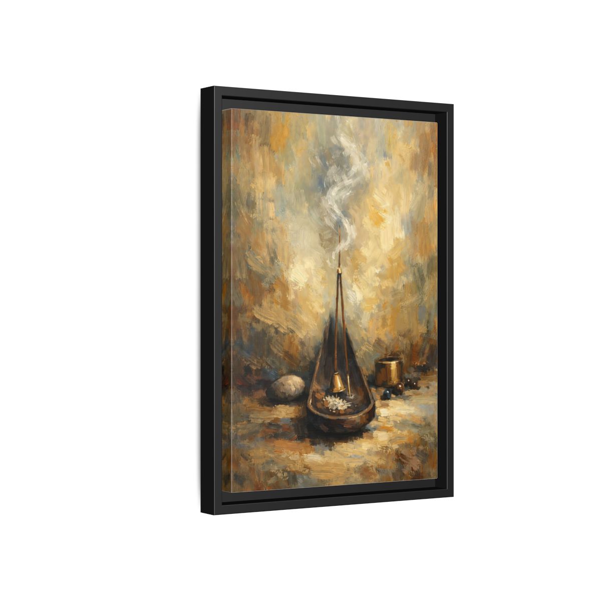 Side Mockup 6. Religious Incense Calm Gold shown as stretched canvas wall art