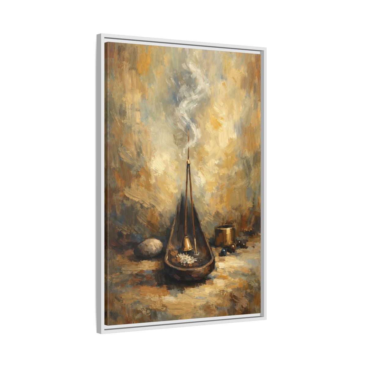 Side Mockup 9. Religious Incense Calm Gold shown as stretched canvas wall art