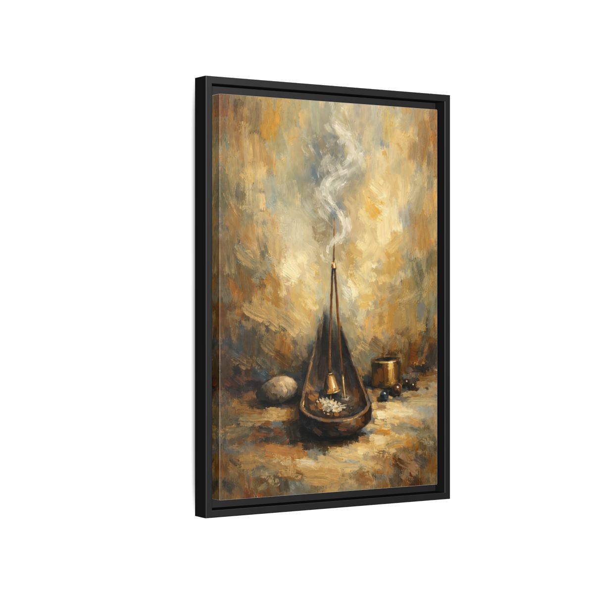 Side Mockup 3. Religious Incense Calm Gold shown as stretched canvas wall art