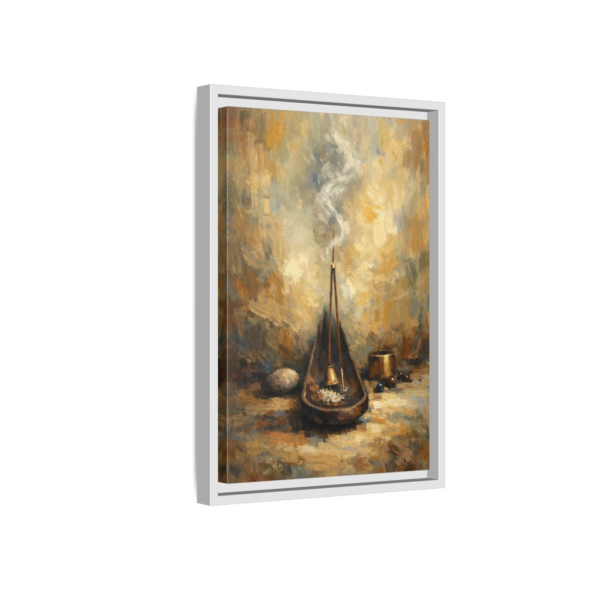 Side Mockup 4. Religious Incense Calm Gold shown as stretched canvas wall art