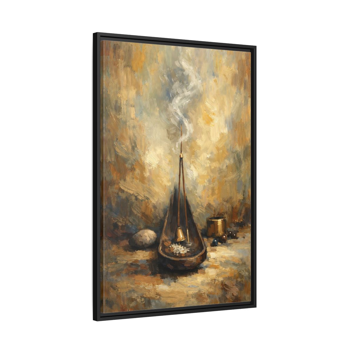 Side Mockup 13. Religious Incense Calm Gold shown as stretched canvas wall art