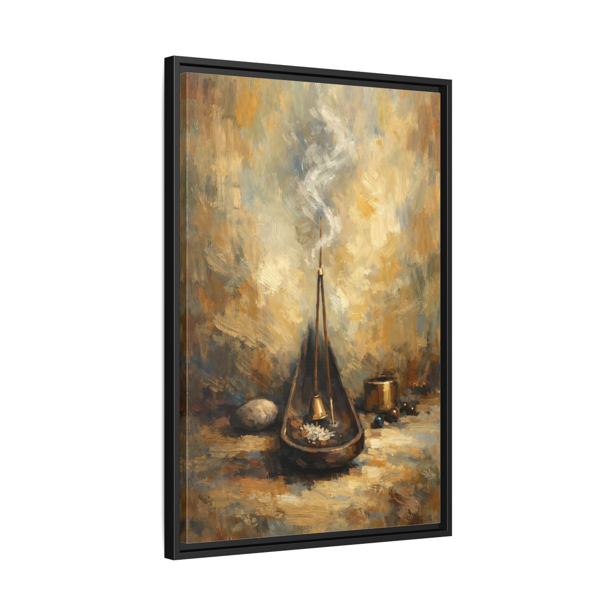 Side Mockup 14. Religious Incense Calm Gold shown as stretched canvas wall art