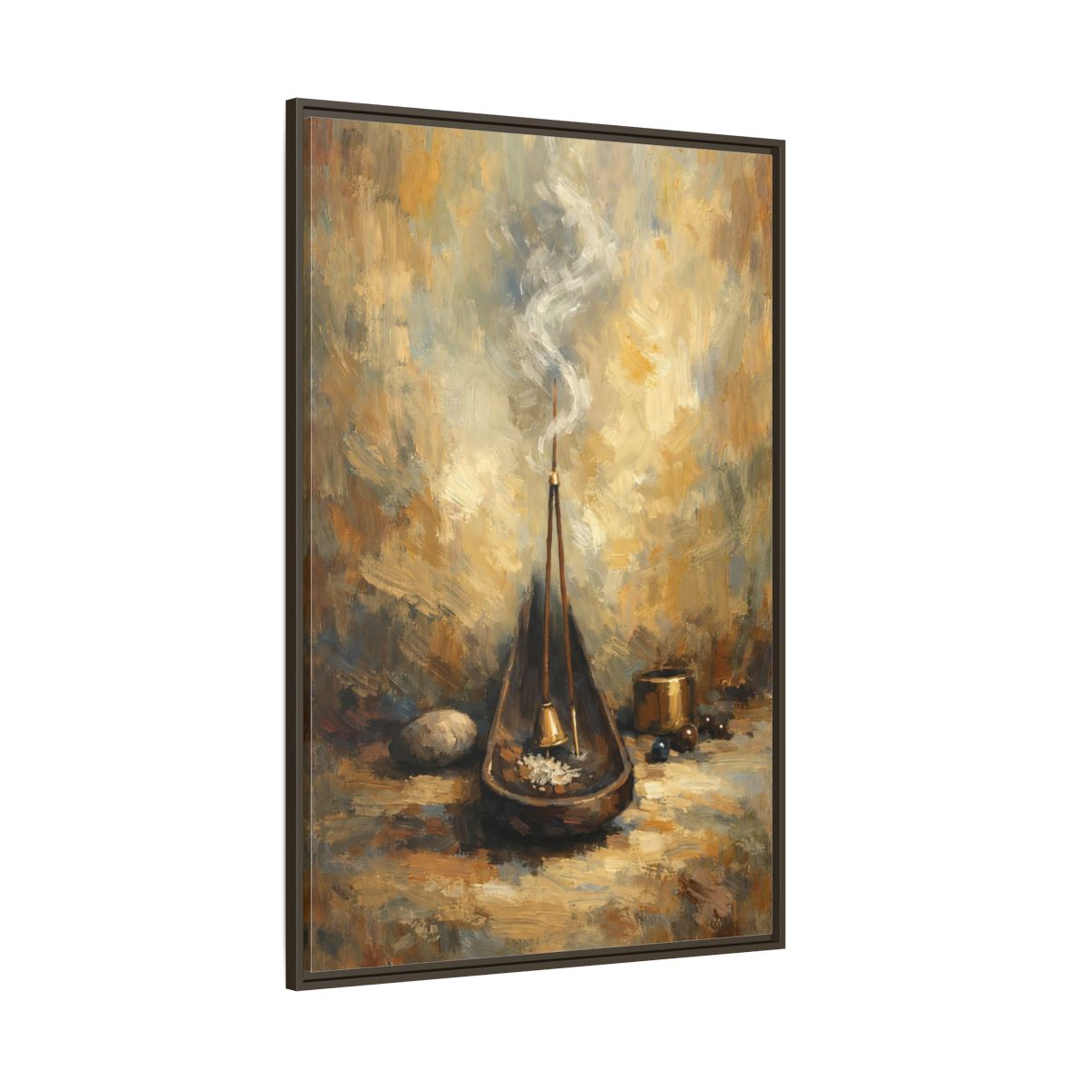 Side Mockup 8. Religious Incense Calm Gold shown as stretched canvas wall art