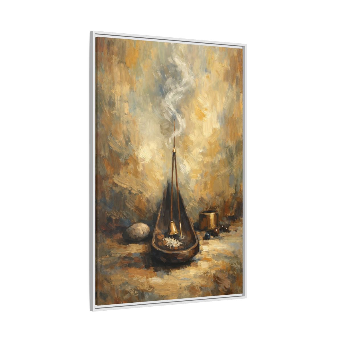 Side Mockup 7. Religious Incense Calm Gold shown as stretched canvas wall art