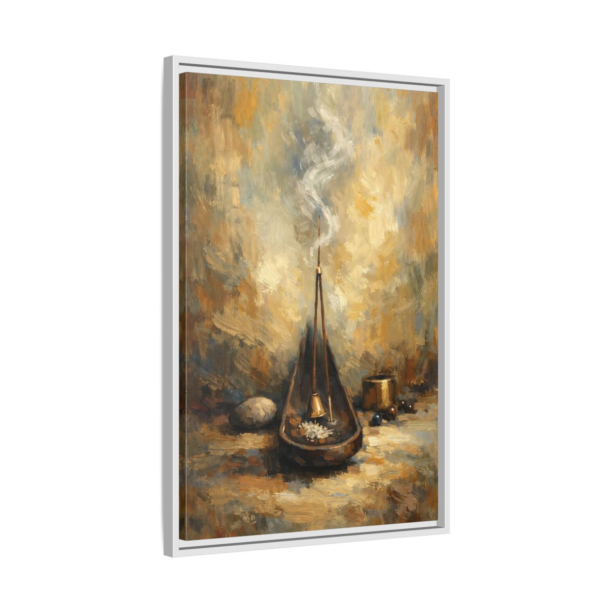 Side Mockup 11. Religious Incense Calm Gold shown as stretched canvas wall art