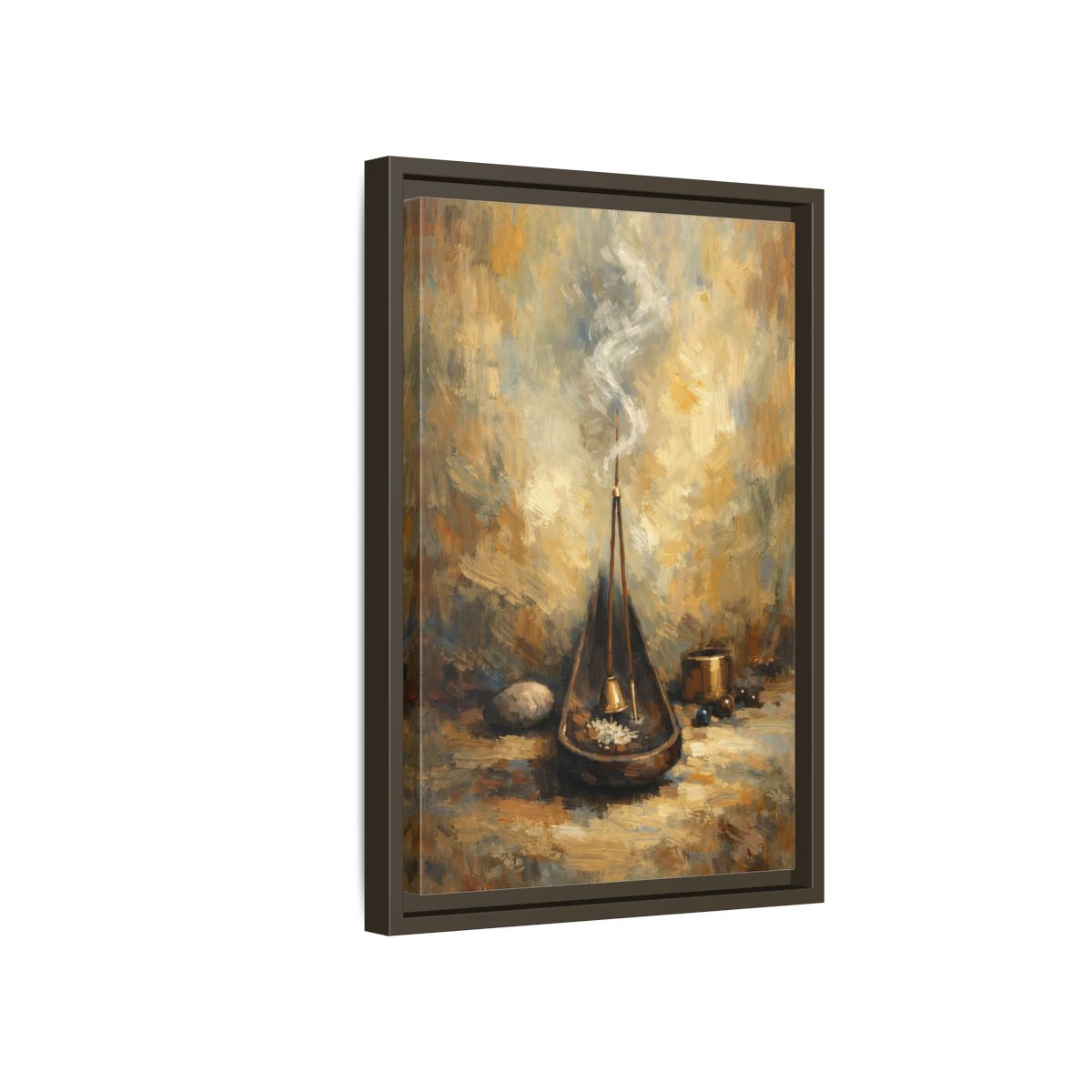 Side Mockup 5. Religious Incense Calm Gold shown as stretched canvas wall art