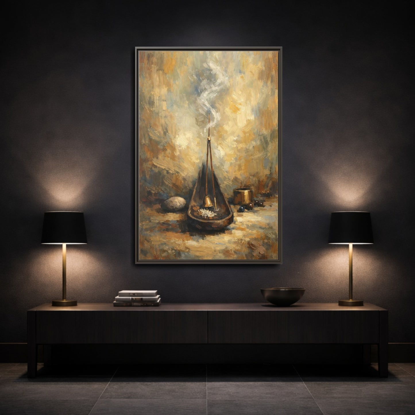 Mockup 2. Religious Incense Calm Gold shown as stretched canvas wall art