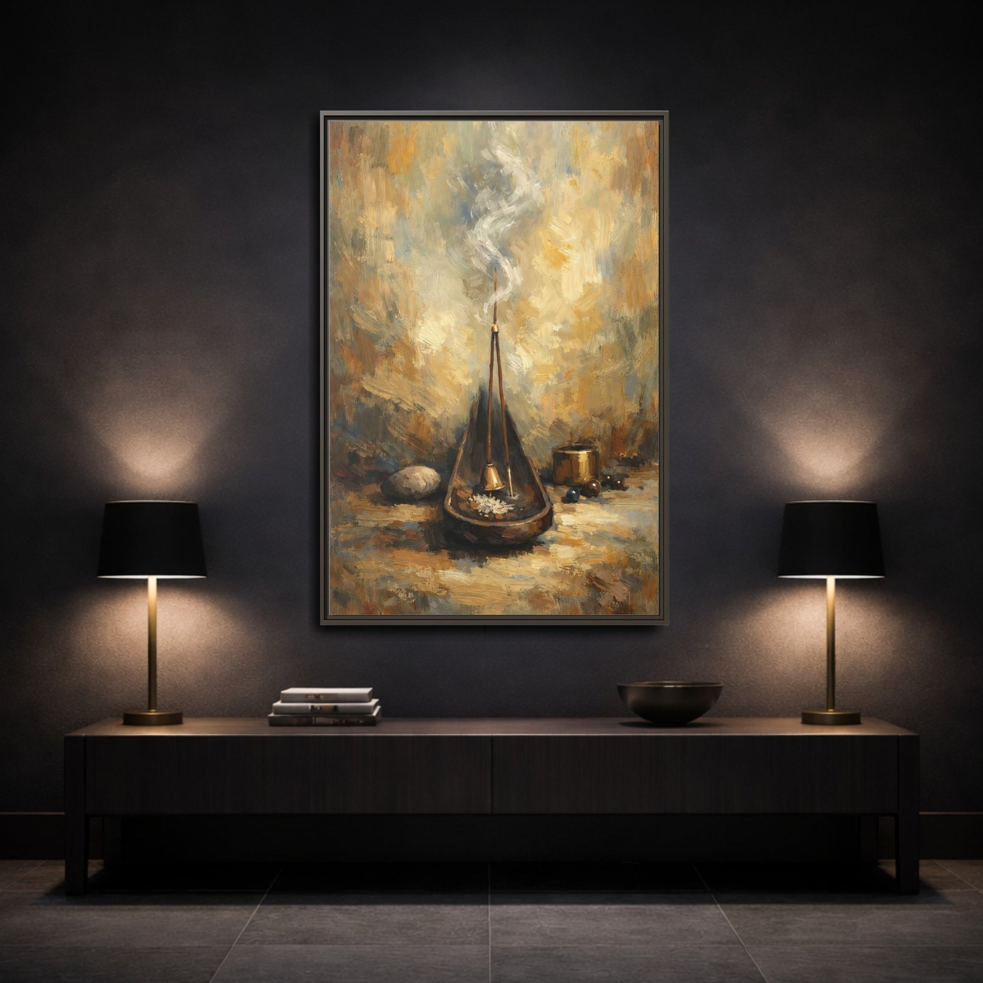 Mockup 2. Religious Incense Calm Gold shown as stretched canvas wall art