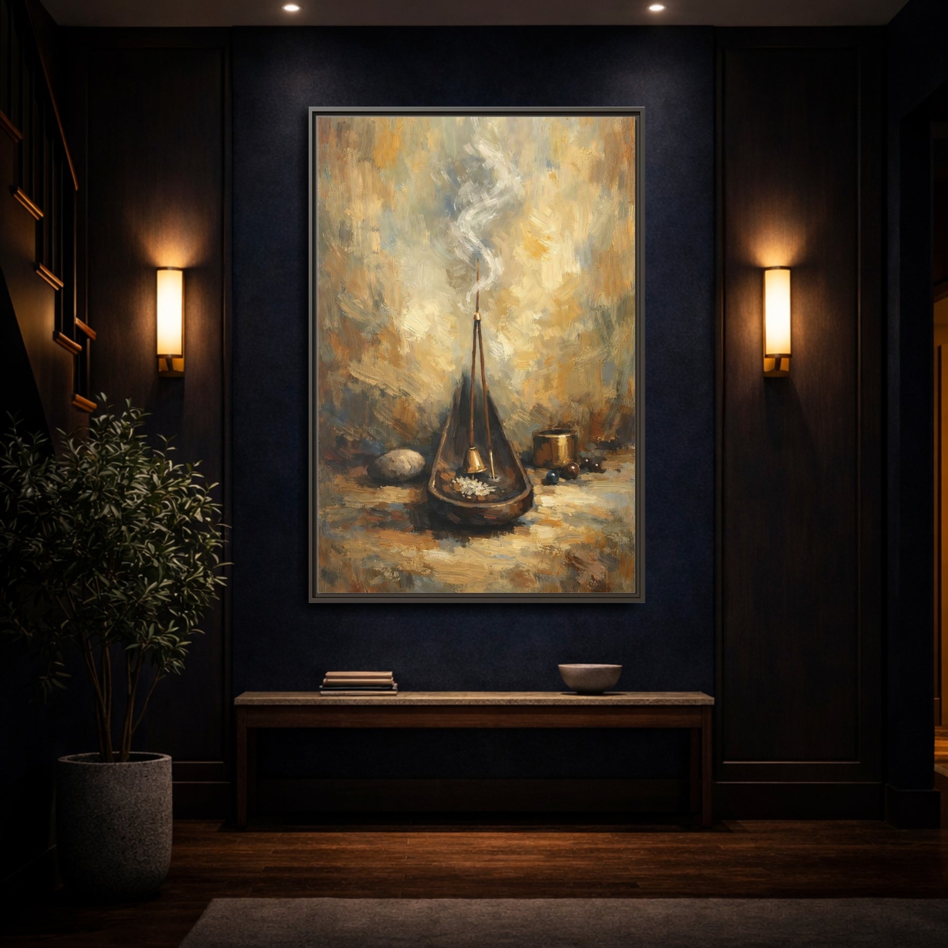 Mockup 3. Religious Incense Calm Gold shown as stretched canvas wall art