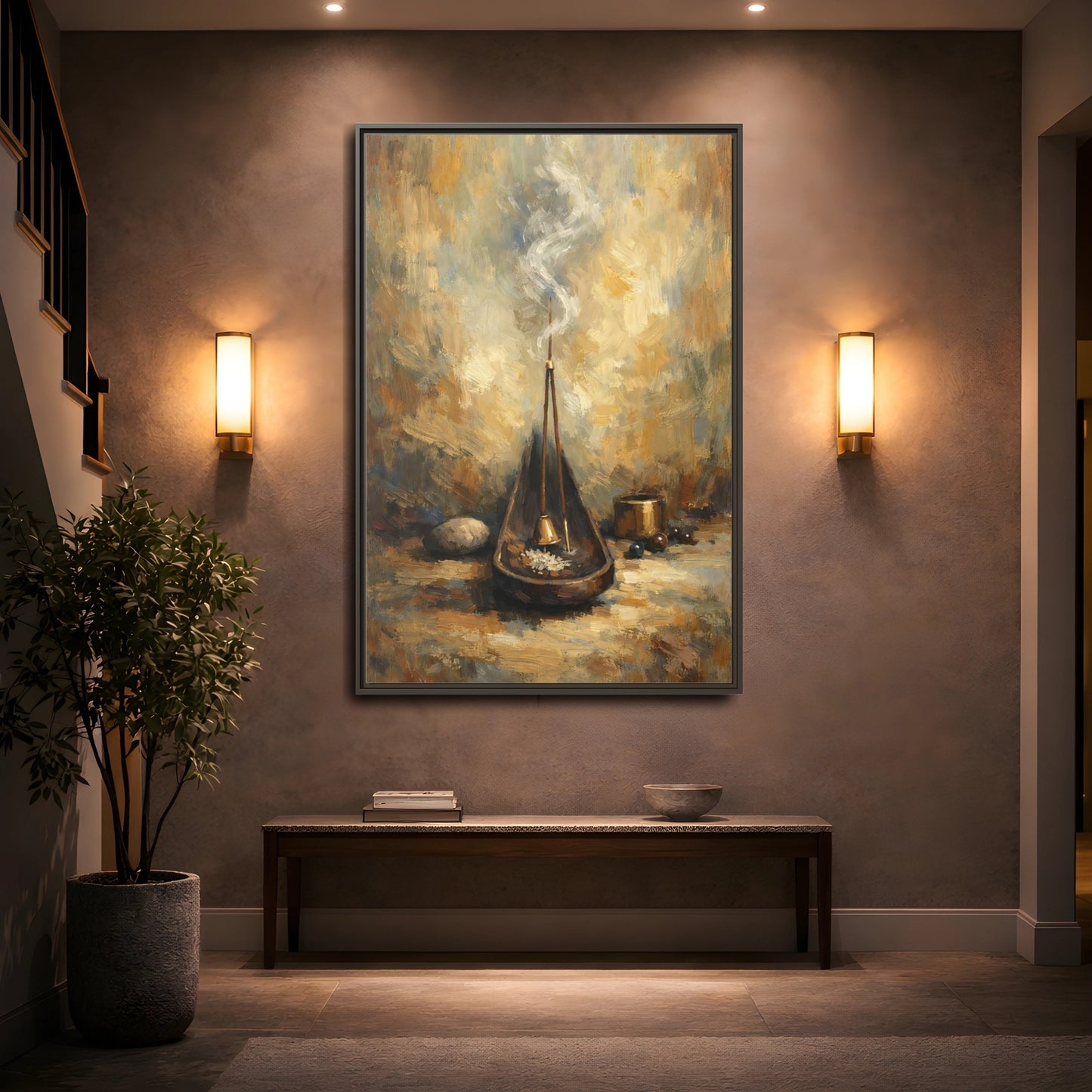 Mockup 4. Religious Incense Calm Gold shown as stretched canvas wall art