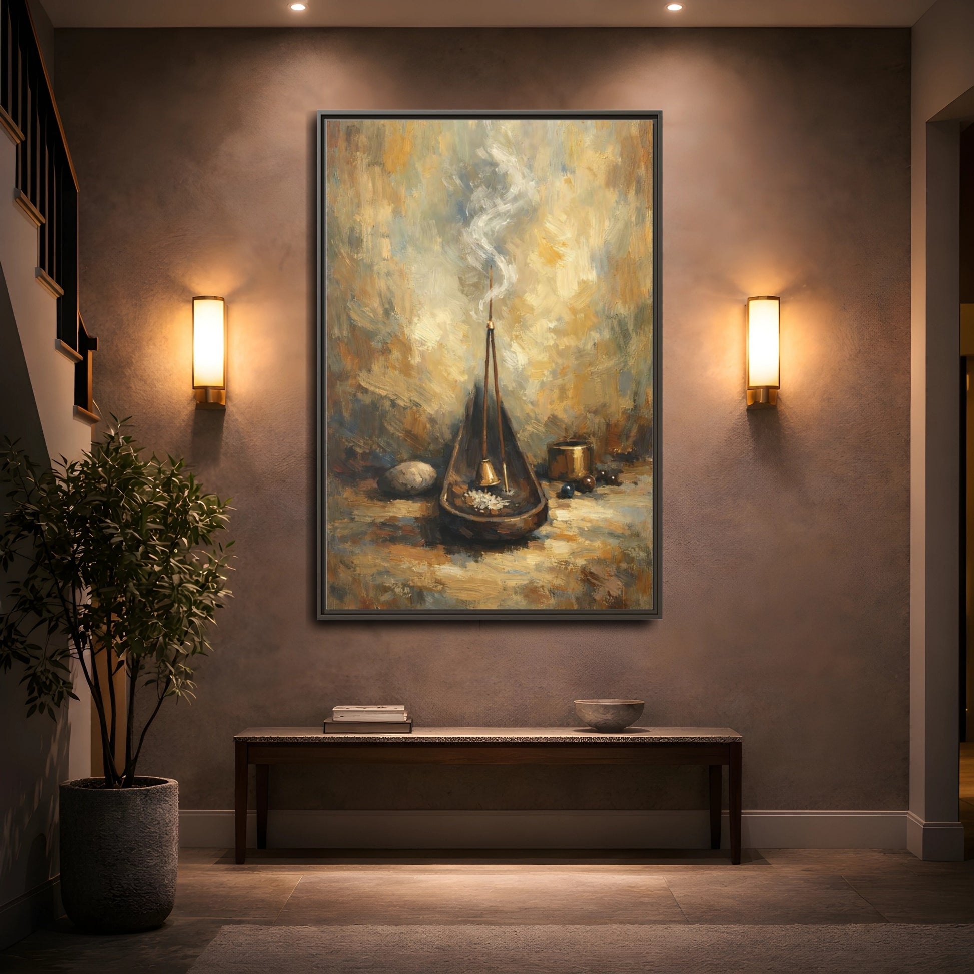 Mockup 4. Religious Incense Calm Gold shown as stretched canvas wall art