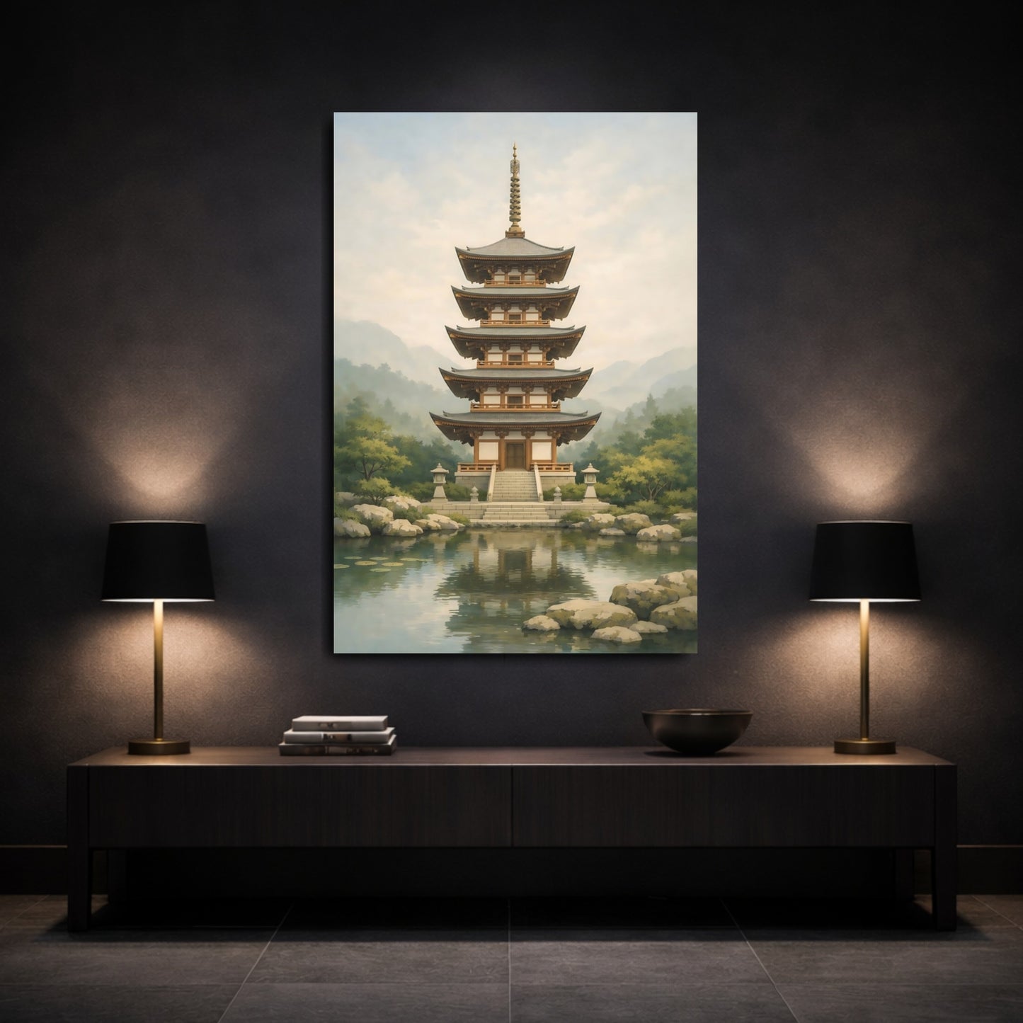 Mockup 2. Religious Japanese Pagoda Japanese Pagoda Lake shown as stretched canvas wall art