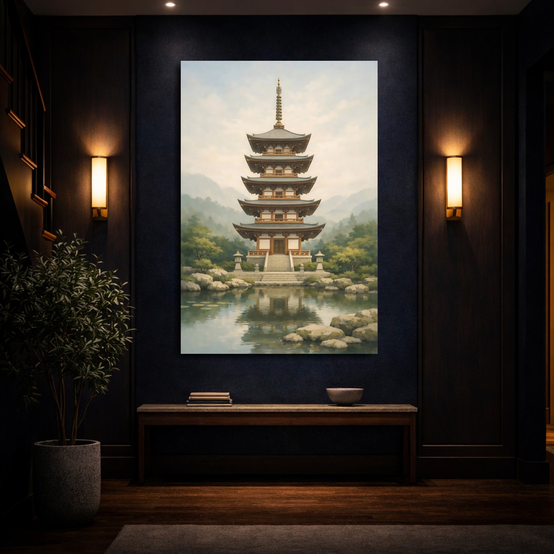 Mockup 3. Religious Japanese Pagoda Japanese Pagoda Lake shown as stretched canvas wall art