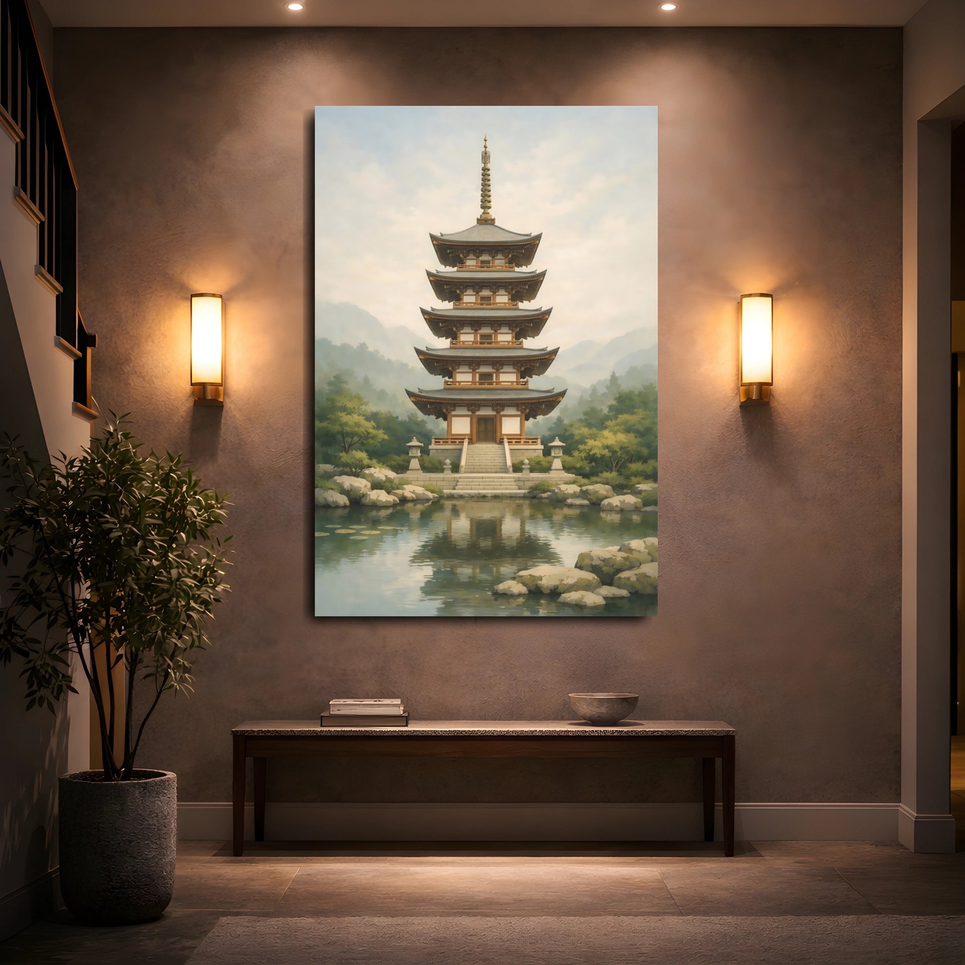 Mockup 4. Religious Japanese Pagoda Japanese Pagoda Lake shown as stretched canvas wall art
