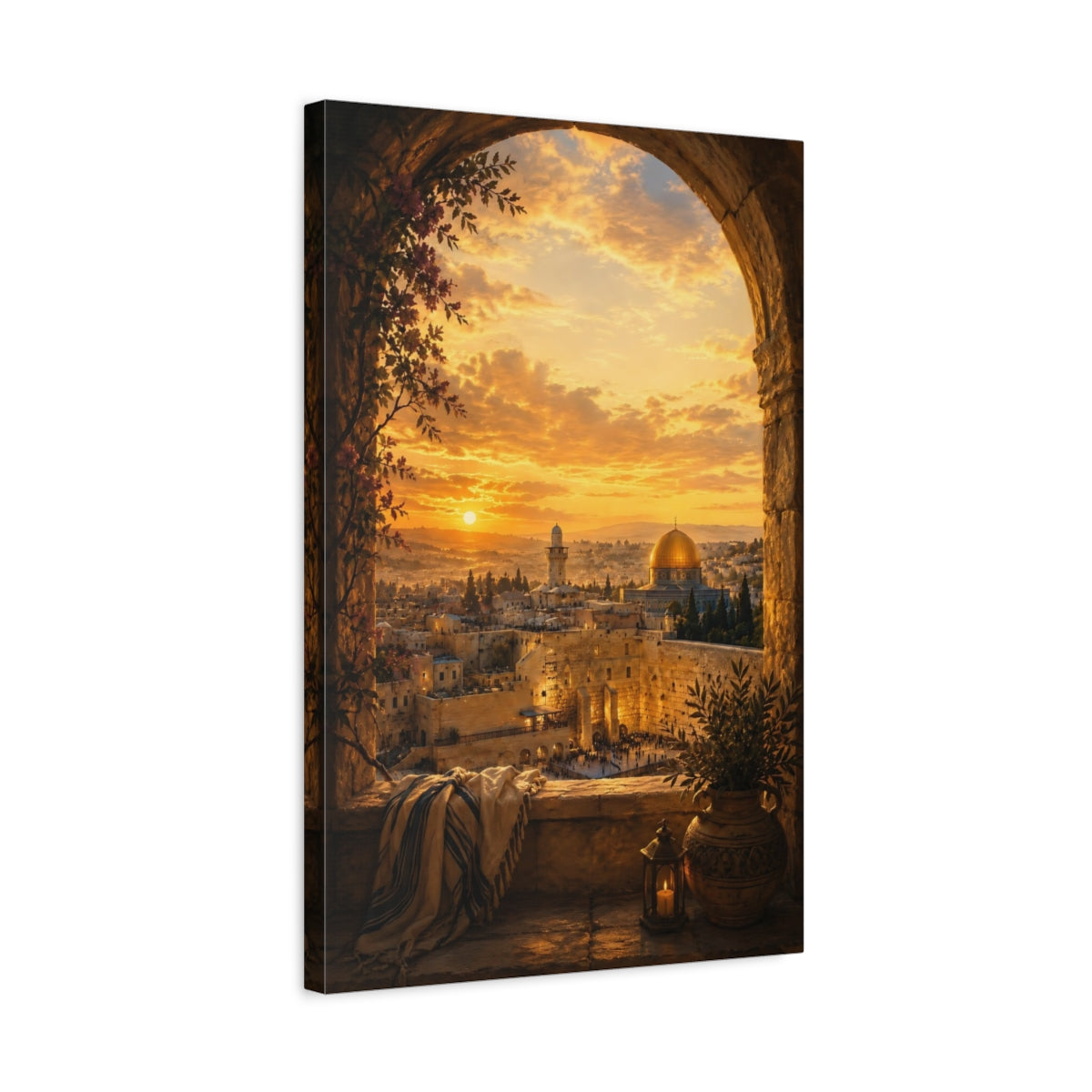 Side Mockup 3. Religious Jerusalem Cityscape Jerusalem Golden Sunset shown as canvas print