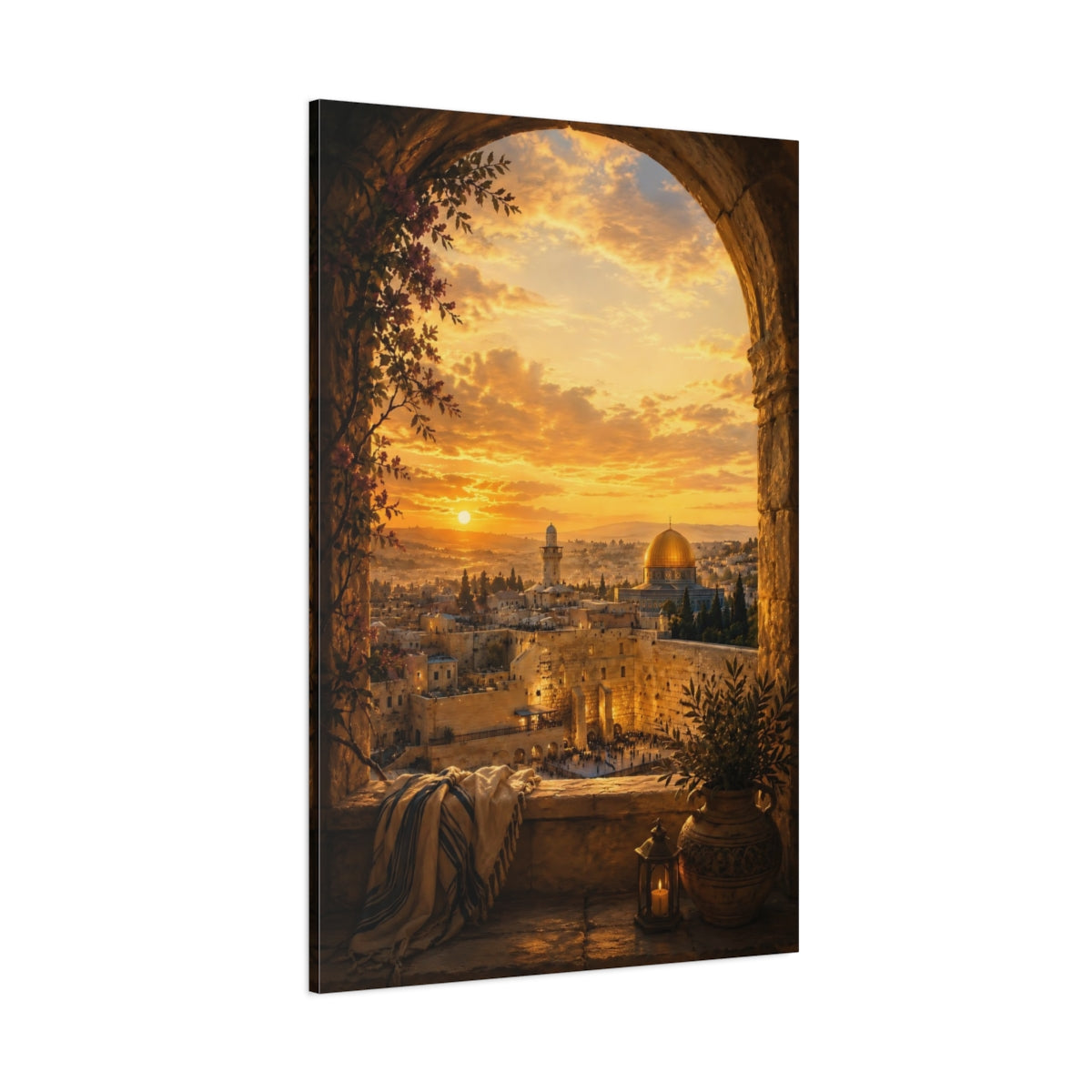 Side Mockup 1. Religious Jerusalem Cityscape Jerusalem Golden Sunset shown as canvas print