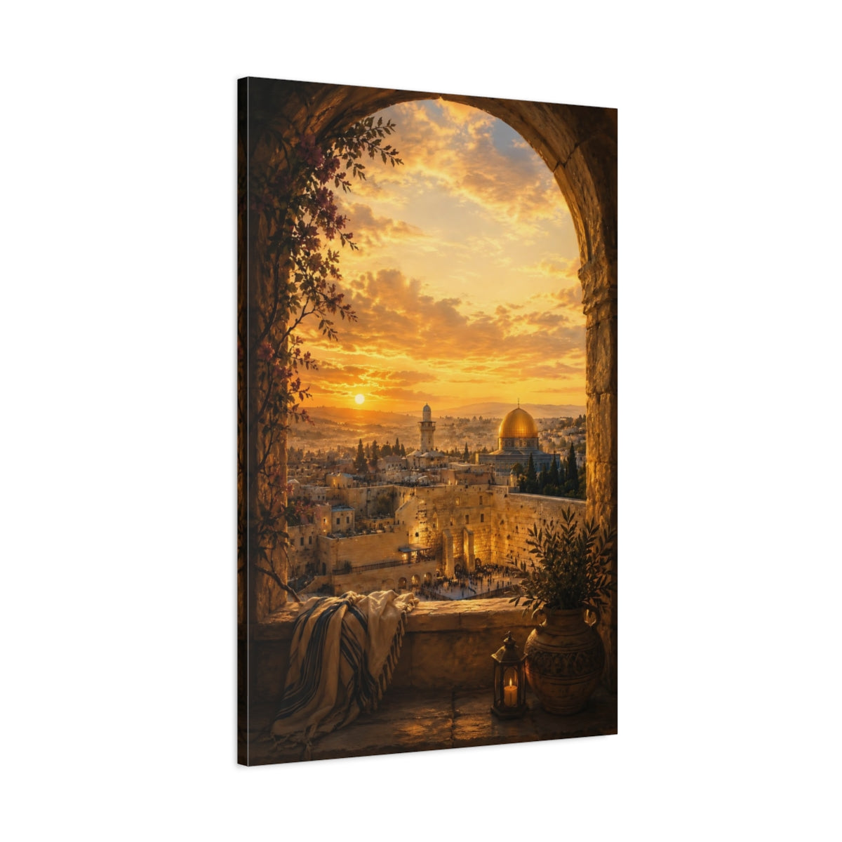 Main Mockup. Religious Jerusalem Cityscape Jerusalem Golden Sunset shown as canvas print