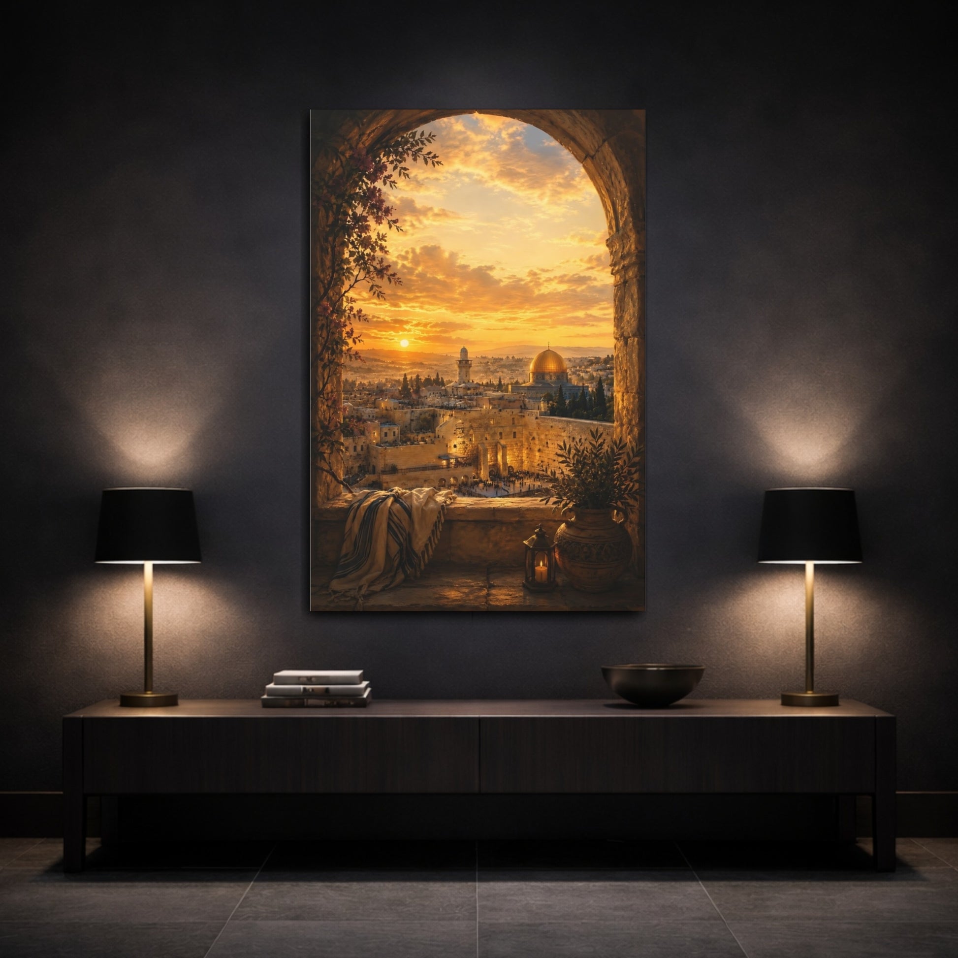 Mockup 3. Religious Jerusalem Cityscape Jerusalem Golden Sunset shown as canvas print
