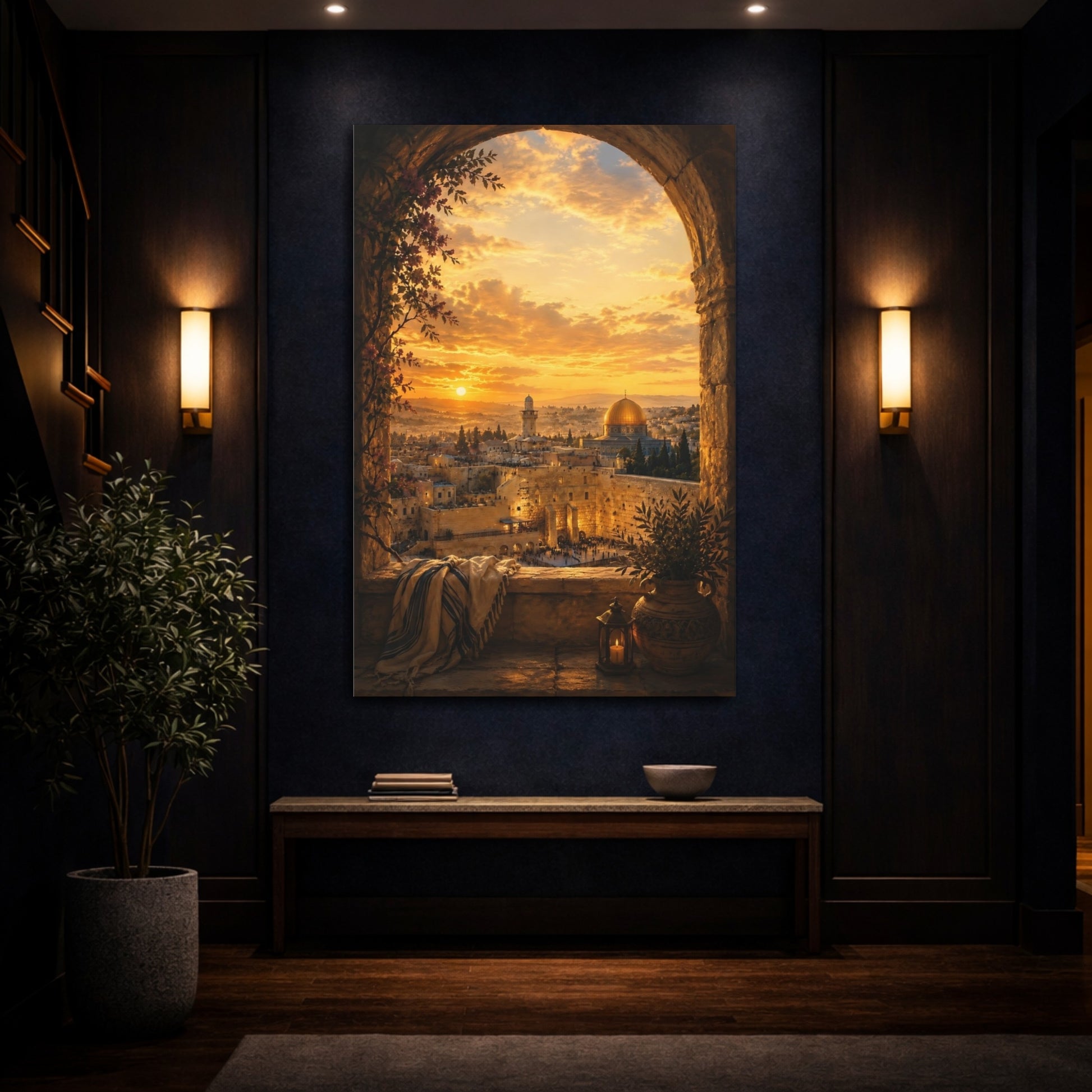 Mockup 4. Religious Jerusalem Cityscape Jerusalem Golden Sunset shown as canvas print