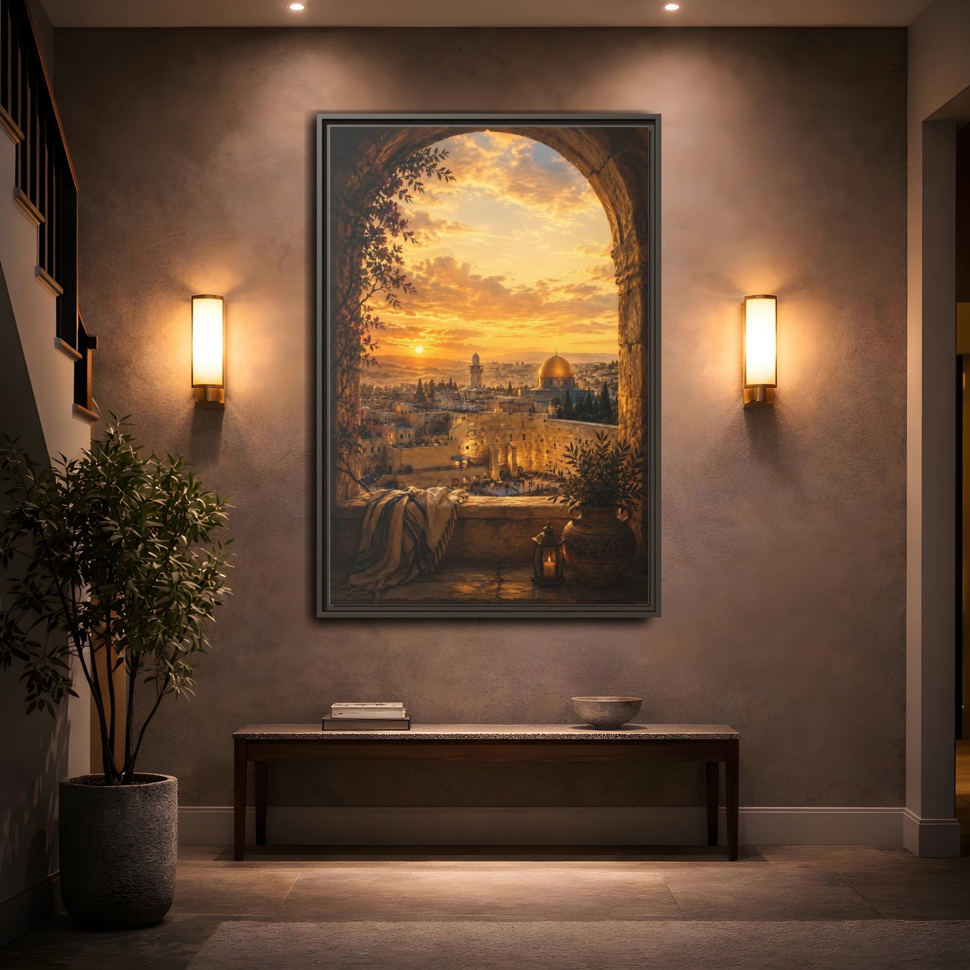 Mockup 2. Religious Jerusalem Old City Orange Gold Cityscape shown as framed canvas print