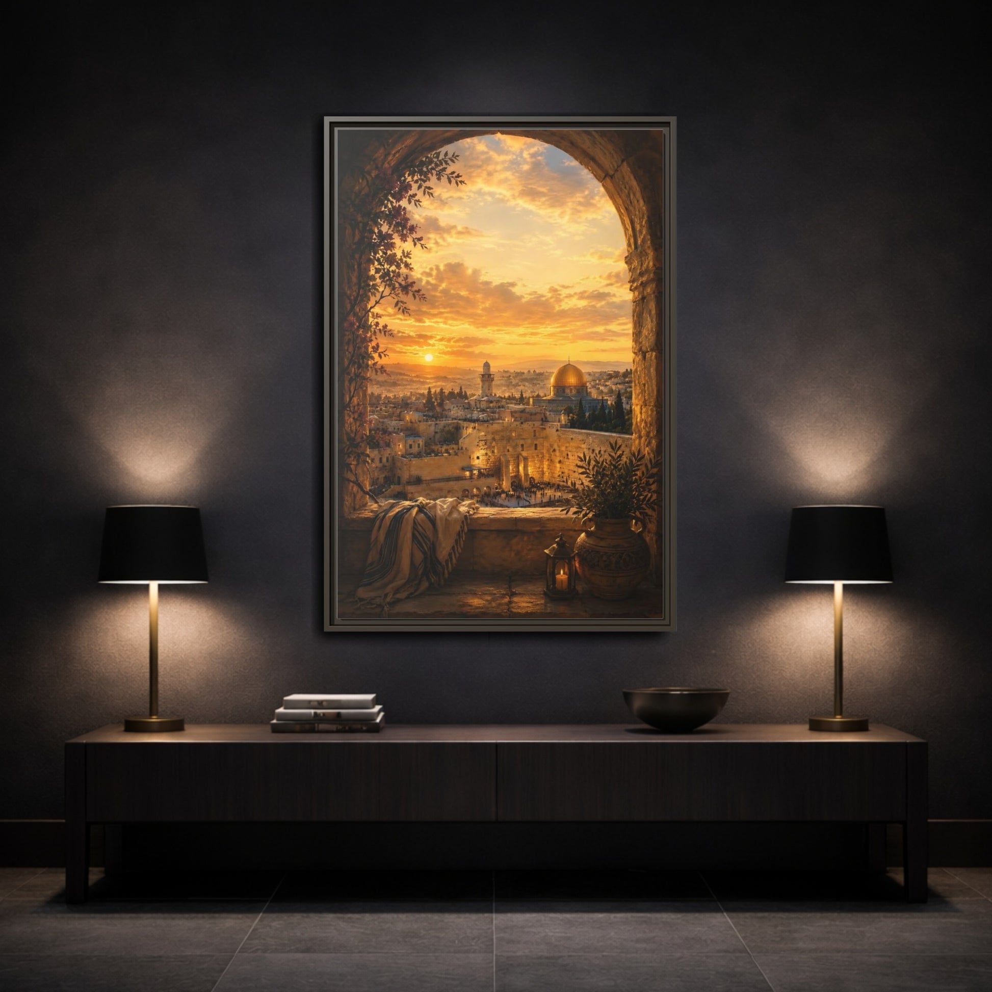 Mockup 3. Religious Jerusalem Old City Orange Gold Cityscape shown as framed canvas print
