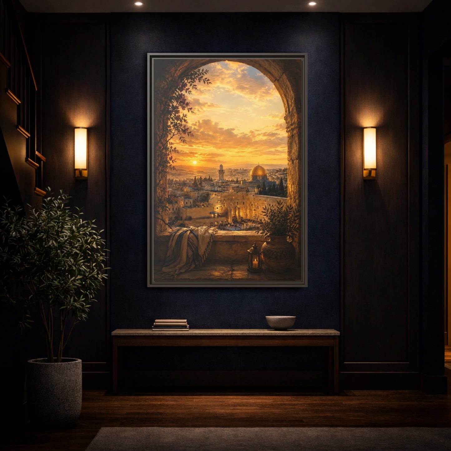 Mockup 4. Religious Jerusalem Old City Orange Gold Cityscape shown as framed canvas print