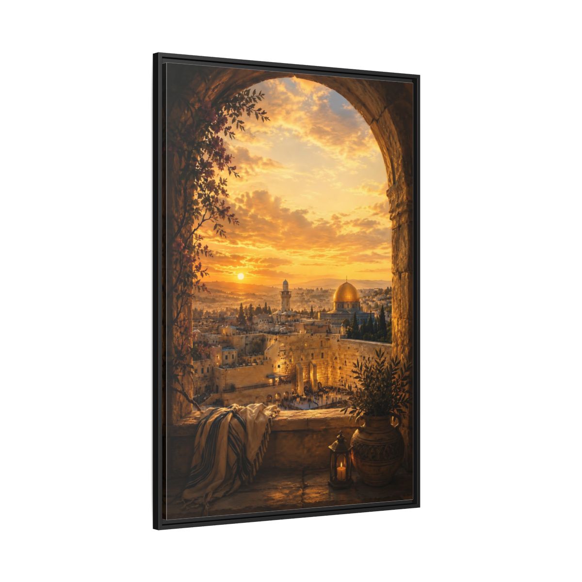 Side Mockup 12. Religious Jerusalem Old City Orange Gold Cityscape shown as framed canvas print