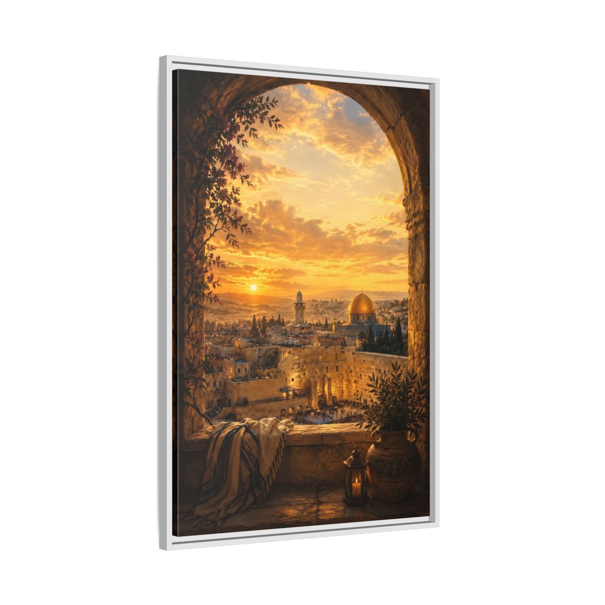 Side Mockup 9. Religious Jerusalem Old City Orange Gold Cityscape shown as framed canvas print