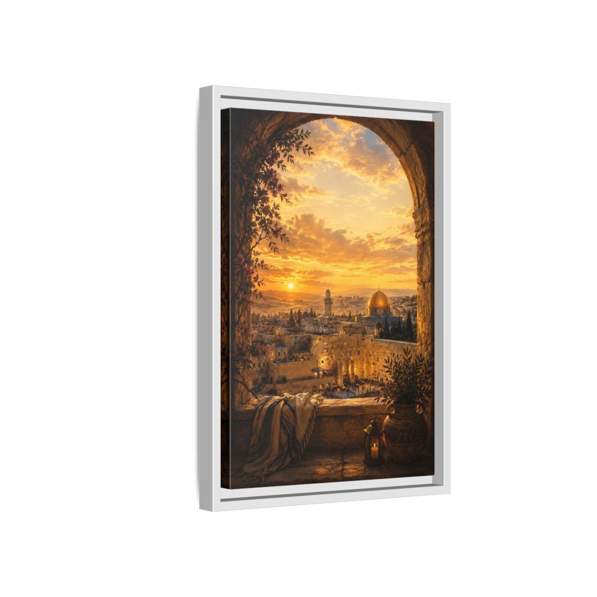 Side Mockup 4. Religious Jerusalem Old City Orange Gold Cityscape shown as framed canvas print