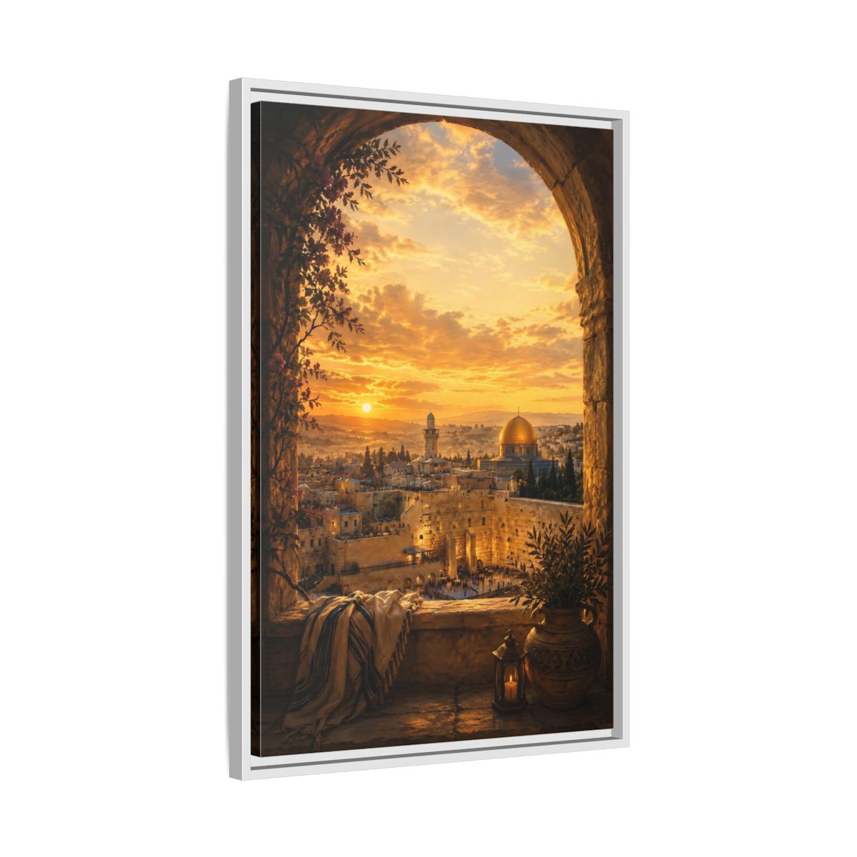 Side Mockup 10. Religious Jerusalem Old City Orange Gold Cityscape shown as framed canvas print