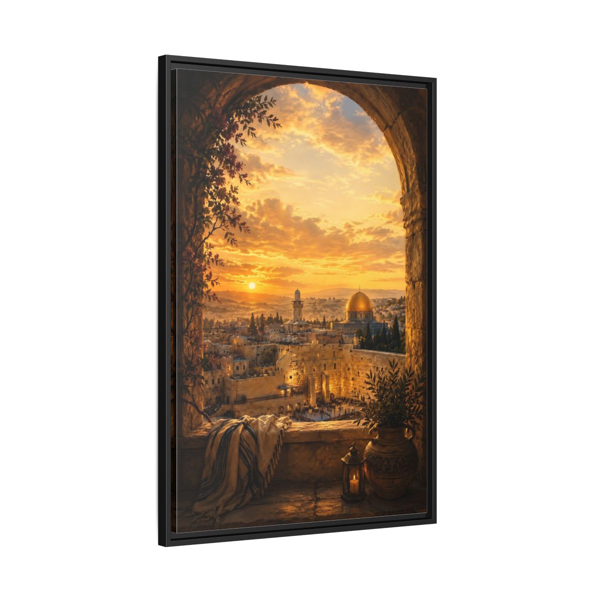 Side Mockup 13. Religious Jerusalem Old City Orange Gold Cityscape shown as framed canvas print
