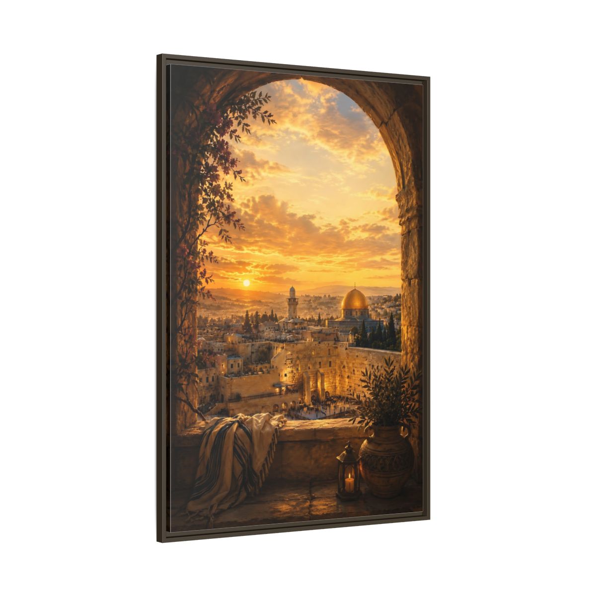 Side Mockup 8. Religious Jerusalem Old City Orange Gold Cityscape shown as framed canvas print