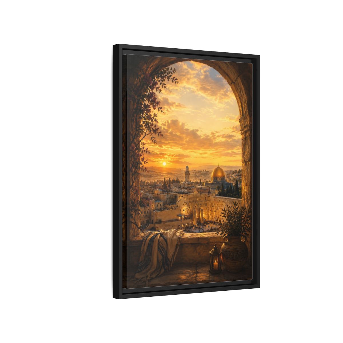 Side Mockup 3. Religious Jerusalem Old City Orange Gold Cityscape shown as framed canvas print