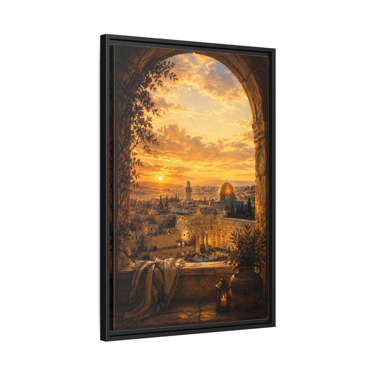 Side Mockup 14. Religious Jerusalem Old City Orange Gold Cityscape shown as framed canvas print