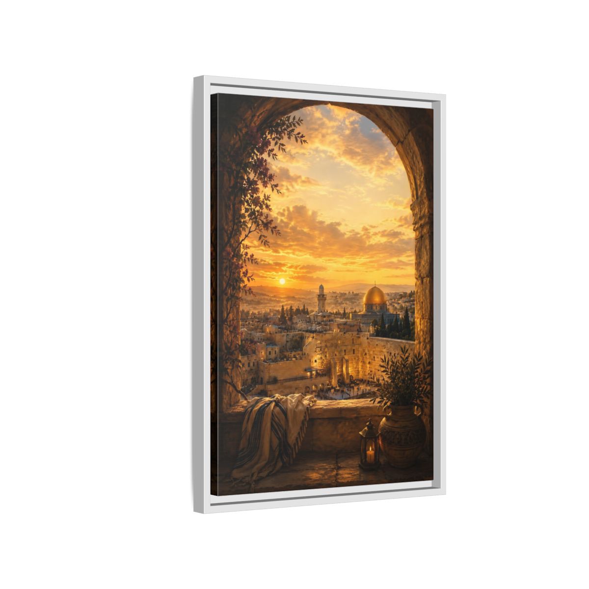 Side Mockup 1. Religious Jerusalem Old City Orange Gold Cityscape shown as framed canvas print