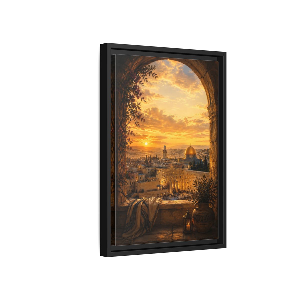 Side Mockup 6. Religious Jerusalem Old City Orange Gold Cityscape shown as framed canvas print