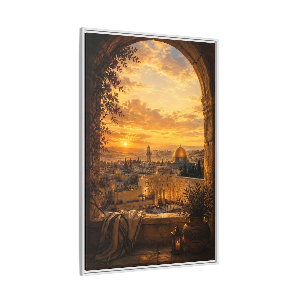 Side Mockup 7. Religious Jerusalem Old City Orange Gold Cityscape shown as framed canvas print