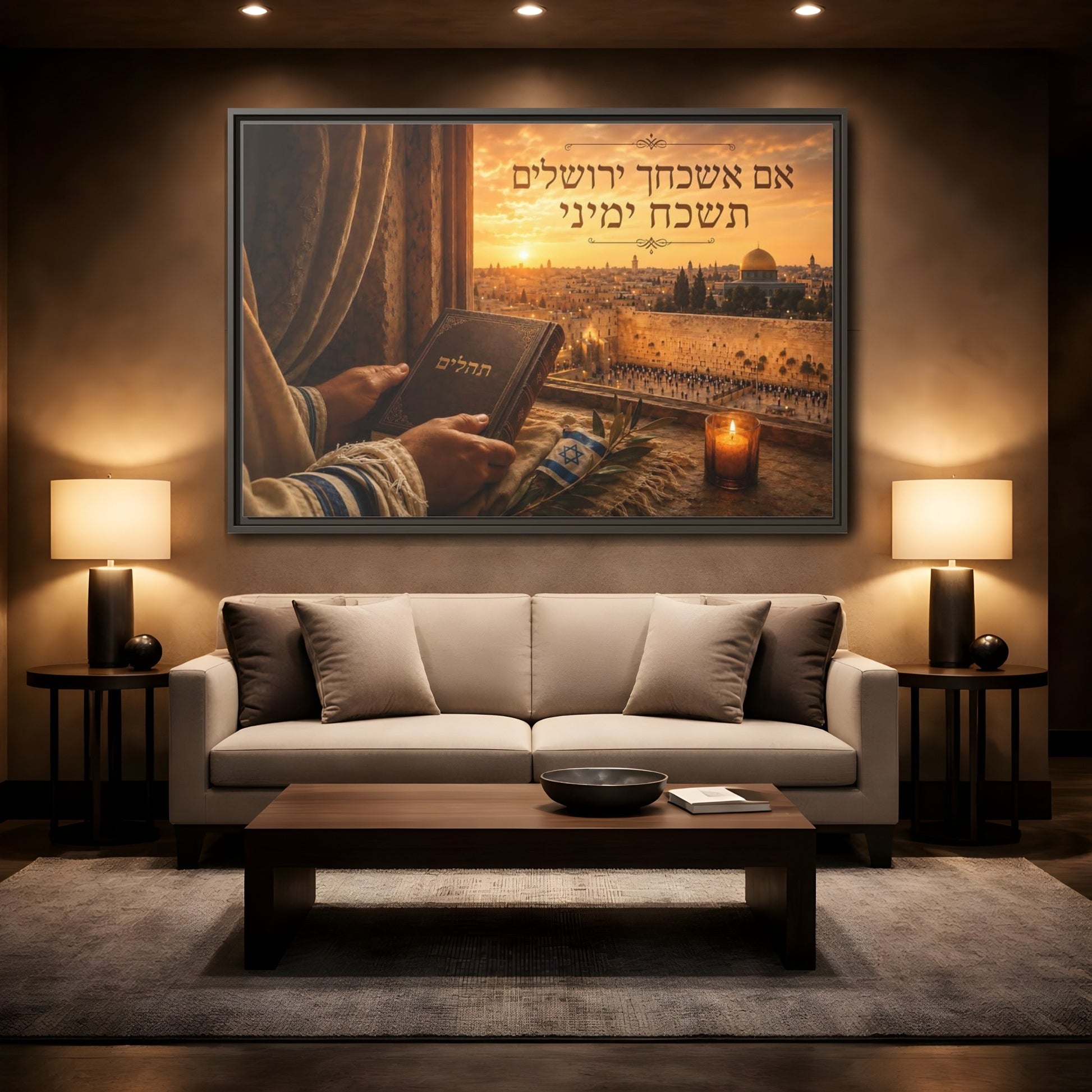 Mockup 2. Religious Jerusalem Prayer Jerusalem Sunset shown as framed canvas print